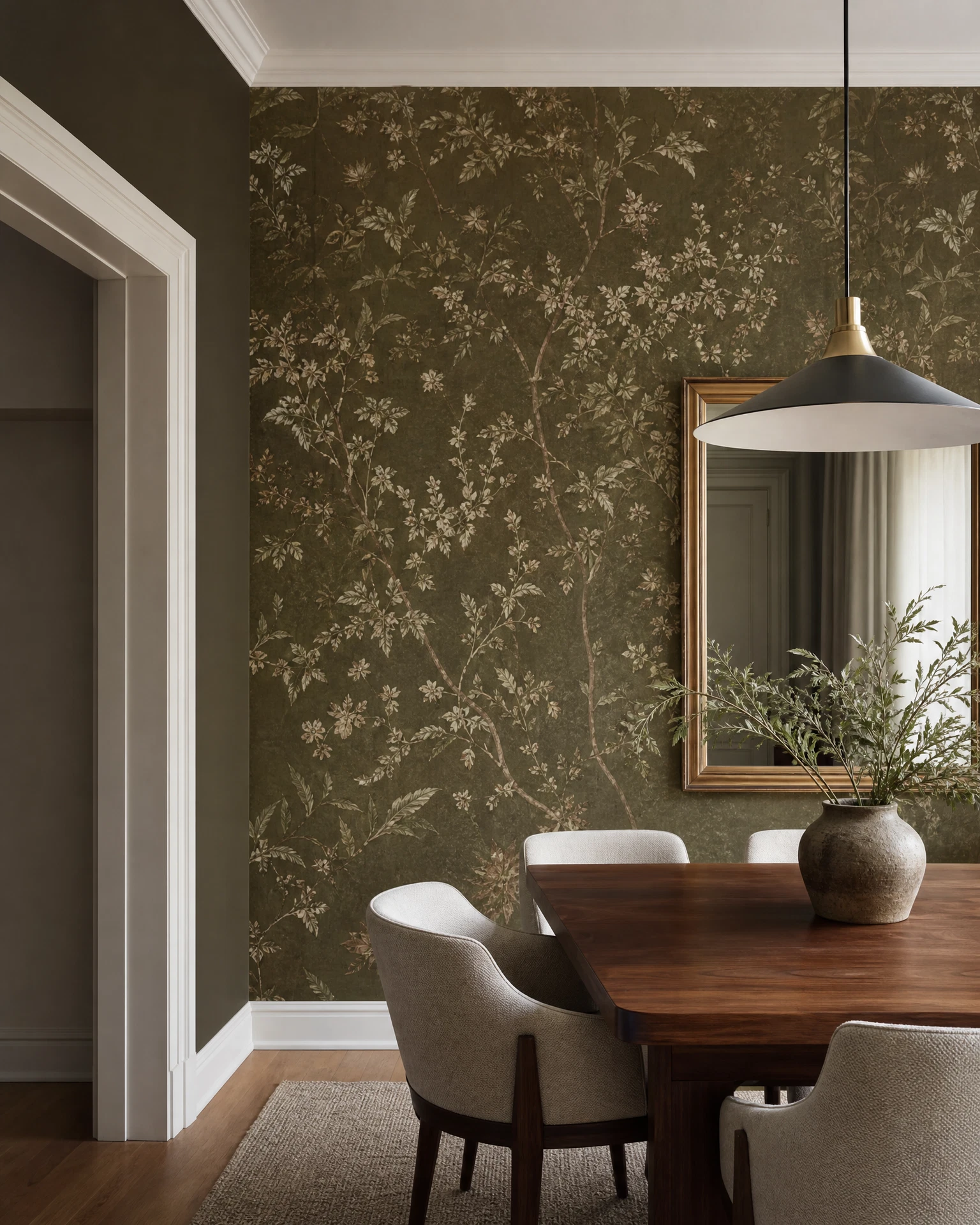 Botanical wallpaper in a refined dining room