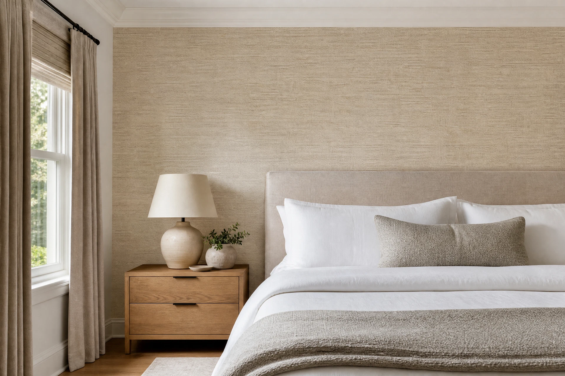 Grasscloth wallpaper in a calm bedroom