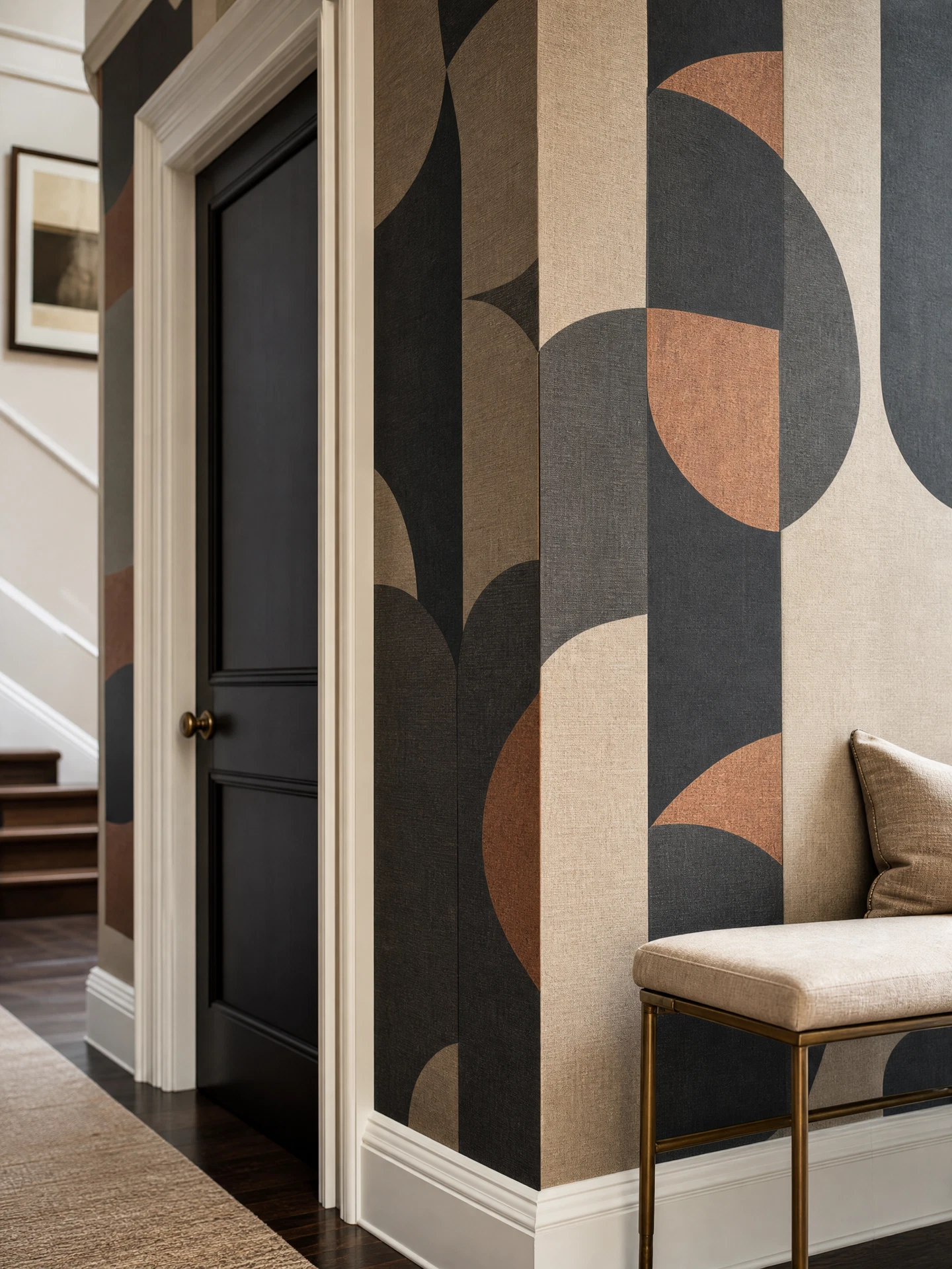 Geometric wallpaper detail around a doorway