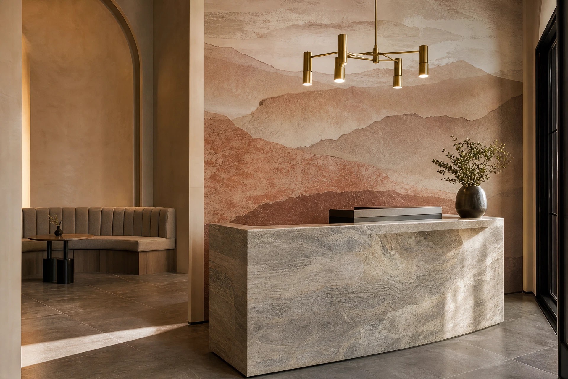 Custom mural wallpaper in a boutique reception space